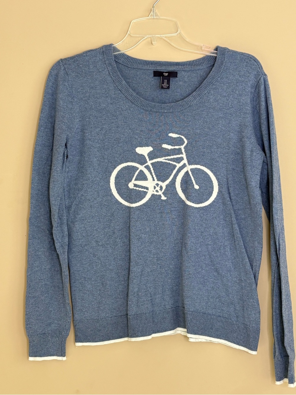 GAP Blue Long-Sleeve Crewneck Sweater with White Bicycle Motif